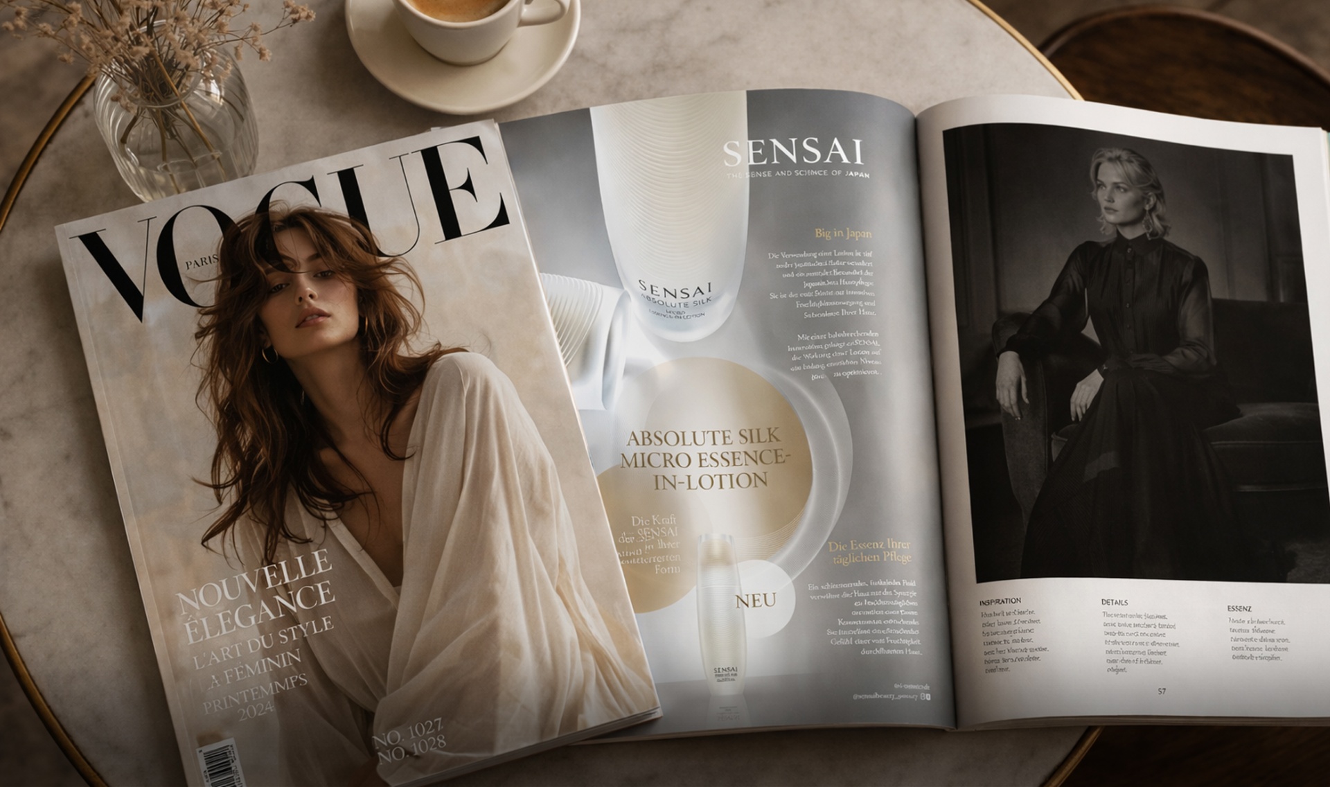Gestaltung eines Advertorials für die Produktlinie „Absolut Silk Micro-Essence-In-Lotion“ der Luxusmarke SENSAI. Ziel war es, die hochwertige Markenwelt visuell in einem redaktionellen Umfeld zu inszenieren und die Produktlinie markengerecht zu präsentieren. Das Advertorial wurde für die Märkte Österreich, Deutschland und die Niederlande umgesetzt.